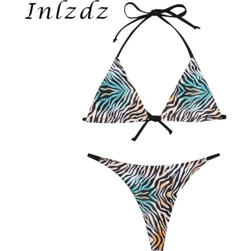 Womens Bikini Swimsuit Zebra-stripe Bikini Set Two-piece Swimwear Bathing Suit Halter lace-up Bra with Thongs T-back Briefs