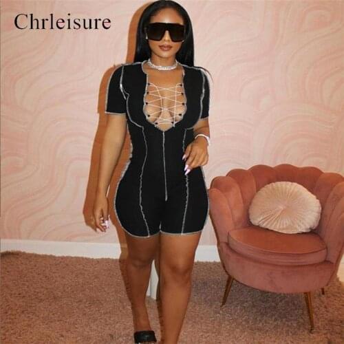 CHRLEISURE Sexy Jumpsuit Women Short Sleeve Bodysuit Deep Bodycon Stretch Leotard Crop Top Club Outfits Women Bandage Jumpsuit