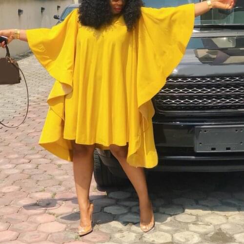 African Ladies Yellow Causal Dress Batwing Sleeve Loose A line Plain Knee Length Fashion High Street Daily Wear Robe Dress Big