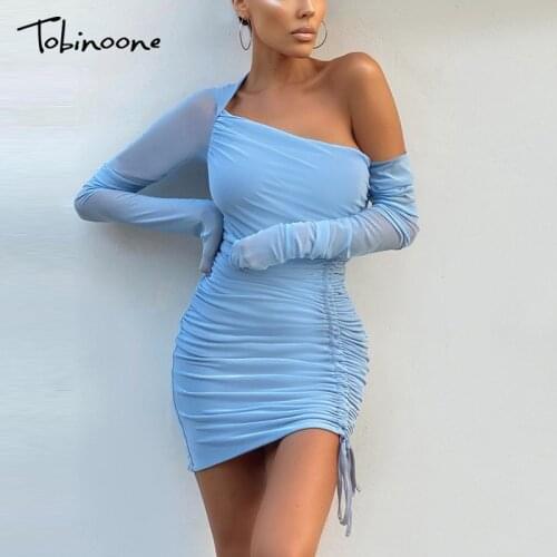 Tobinoone Mesh Off Shoulder Pleated Sexy Dress Women Full Sleeve Drawstring Mini Dresses Badycon High Waist Party Vestidos 2021