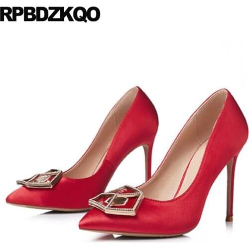 11 43 3 Inch Red Satin Shoes Rhinestone High Heels Crossdresser Thin 2018 Bride Pointed Toe 10 42 Plus Size Pumps Women Crystal