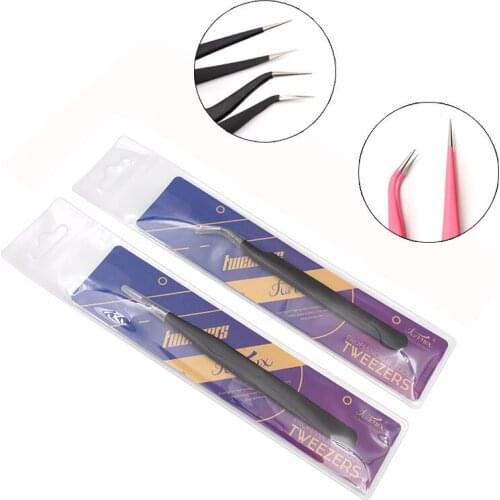 2PCS Anti-static Stainless Steel Eyelash Extension Tweezers Industrial Precision Curved Straight Lash Eyebrow Tweezers Makeup To