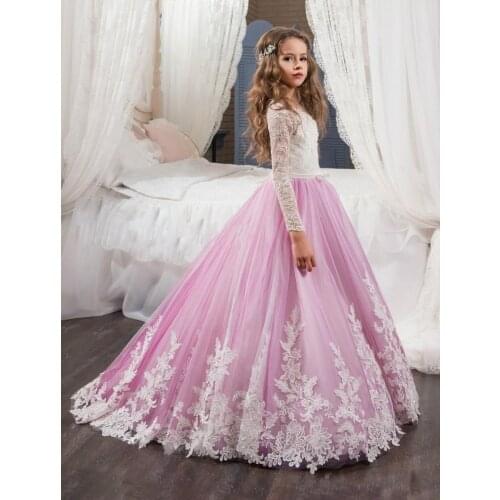 2019 Elegant Lace Flower Girls Dresses Long Sleeve Pink A Line Girls Pageant Dresses For Kids Birthday Christmas Party Gown