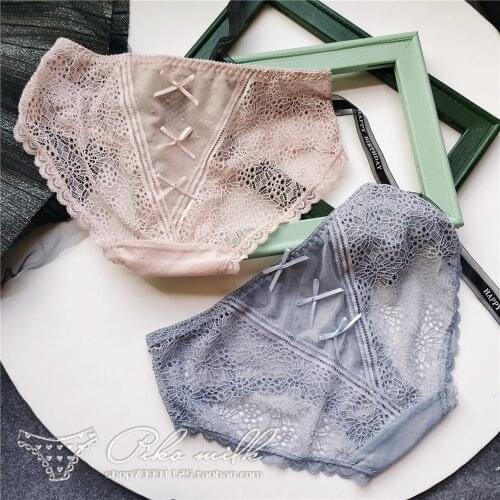 2021 French Cotton Panties Women Underwear Sexy Mesh Underpanties Cute Bow Underwear Low Waist Stitching Briefs Female Lingerie