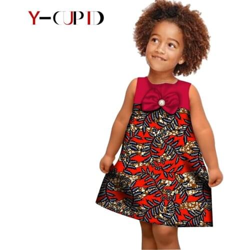 African Clothes for Kids Summer Lovely Girls Print Dresses with Bowtie Pearl Button Bazin Riche Cotton Children Outfits YS204017