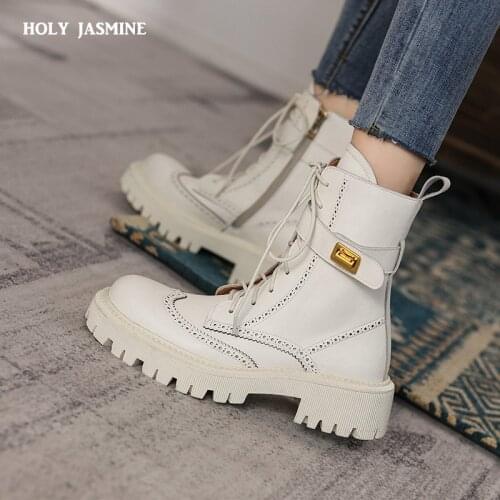Ankle Boots Women Genuine Cow Leather Lace-Up Round Toe Lady Booties Autumn Winter Platform Sole Shoes Handmade Platform Boots