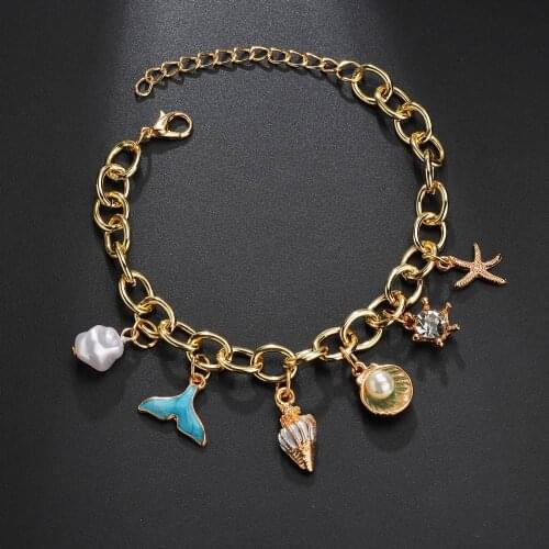 Fashion Pearl Scallop Conch Starfish Mermaid Fish Dolphin Tail Fin Bracelet Wrist Jewelry Bracelets for Women Men Girls Kid Gift