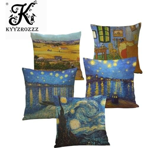 45X45cm Van Gogh Oil Painting Style Cushion Cover Linen Cotton Pillow Case for Sofa Car Chair Gift cojines Free Shipping