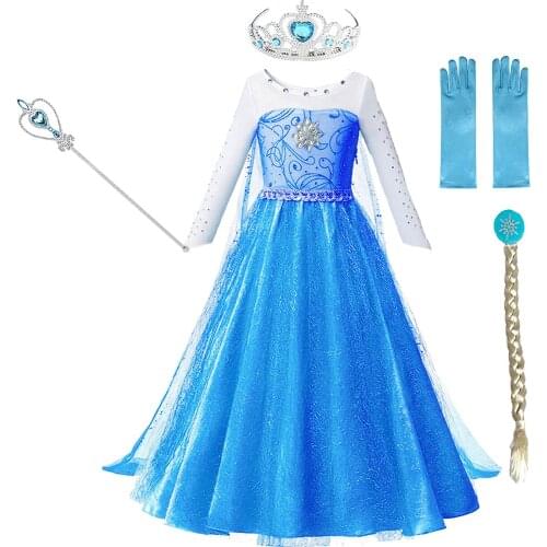 Anna Elsa Christmas Dress Kids Halloween Carnival Elza Costume Girls Crystal Light Blue Long Sleeve Elsa Dress
