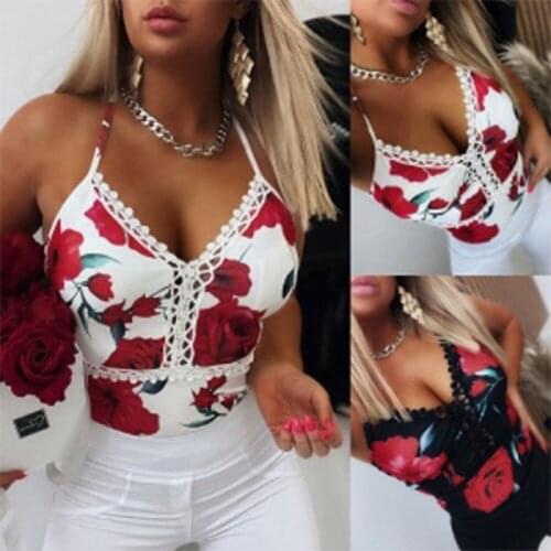 Elegant Lady V Neck Sling Blouse Shirts Women 2021 Summer Straps Sleeveless Shirt Sexy Hollow Out Lace Floral Print Tops
