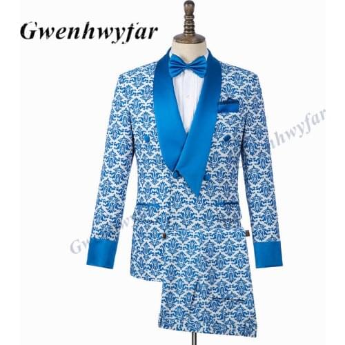 Gwenhwyfar Lake Blue Men Tuxedo Party Host 2021Irregular Lapel Pattern Material Wedding Suit For Men Custom Made Blazer+Pants