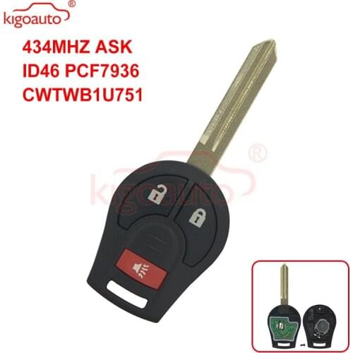 Kigoauto H0561-C993A Remote key 3 button 434MHZ ASK ID46 PCF7936 CWTWB1U751 46 chip for Nissan Altima Maxima Murano 2008 - 2013