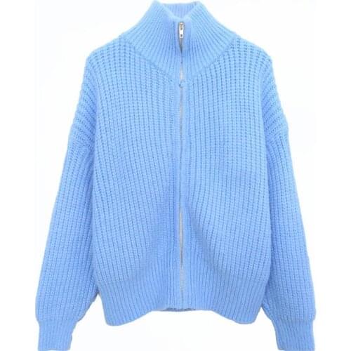 OUMENGKA Autumn Winter 2021 New Sweater Coat Sweet Fruit Color Long Sleeve Turtleneck Zip-Up Loose Knit Cardigan Tide Ladies