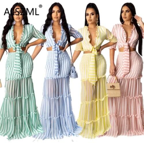 Summer hot recommend deep v neck short sleeve crop top and dress 2 pieces set beach style lady fashion tracksuits
