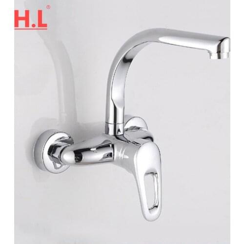 Wall Mounted Kitchen Faucet Copper Sink Basin Dual Hole Hot Cold Water Mixer Swivel Spout Tap
