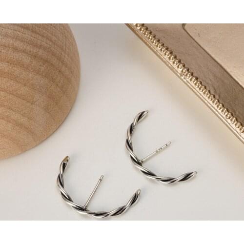 Retro 100% Authentic 925 Sterling silver Braid Twisted Roped Twine Stud earrings Ear Cuff Charm Handmade TLE1136