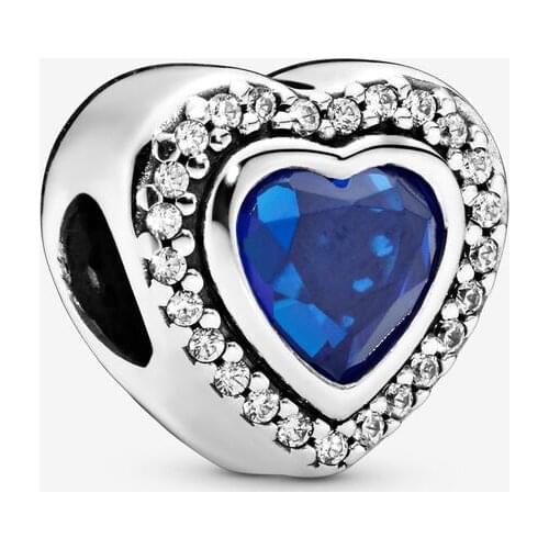 Genuine 925 Sterling Silver Sparkling Blue Heart Charms Metal Beads Fit Pandora Bracelet for Women Jewelry Gift