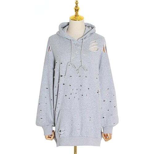 Casual Loose Sweatshirt for Female Irregular Hooded Lantern Long Sleeve Ripped Hole Pullovers Women Fashion 2021 Spring Autumn