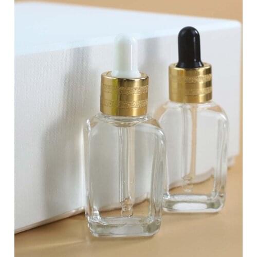 Empty Glass 15ml Clear Dropper Square Bbottle with Striped Gold Lid