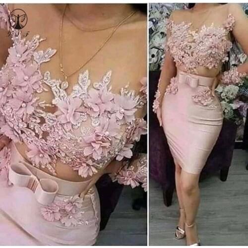 Sexy Illussion O Neck Appliqued Beaded Pearls 3D-Flowers Mini Length Long Sleeve Short Cocktail Dresses