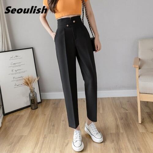 Seoulish 2021 New Womens Formal Harem Pants Buttons High Waist Elegant Office Lady Ankle-Length Female Pants Spring Summer