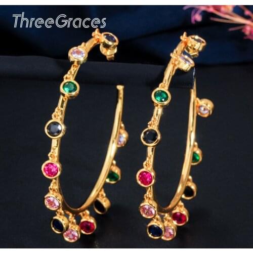 ThreeGraces Fashion Multiple Round Punk Rainbow CZ Charm Earring Gold Color Big Circle Hoop Chandelier Earrings for Women ER335