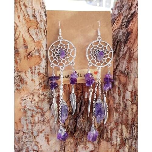 Sterling Silver Raw Amethyst Dream Catcher drop Earrings. Dream catcher dangle earrings