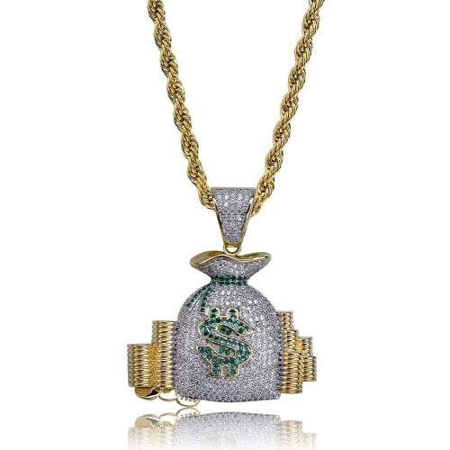 Sign Money Bag Pendant & Necklace 18k Gold Plated Lab Diamond Iced Out Chain Bling Fashion Hip Hop Jewelry