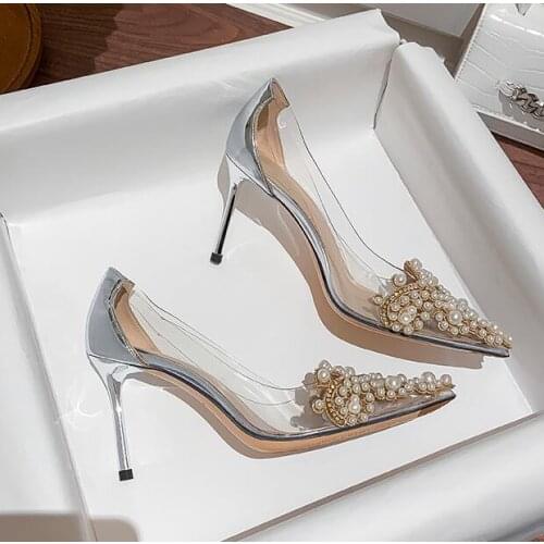 Crystal Pearl Embroidery Flower PVC Wedding Pumps Transaprent Patchwork Thin Heels Shoes Pointed toe Shiny silver Gold High Heel