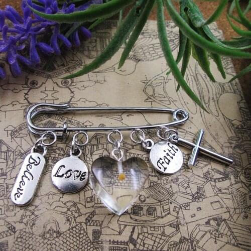 Faith love believe cross as small as a mustard seed charm brooch silver plated charm brooch gift birthday