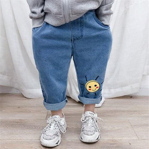 Spring New Childrens Pants 2021 Kids Boys Girls Cartoon Casual Jeans Korean Print Baby Smilely Denim Pants Toddlers Trousers