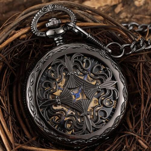Vintage Black Hand Watch Hollow Carved Steampunk Skeleton Mechanical Pocket Watch Men Retro Pendant Clock With Chain Unisex Gift