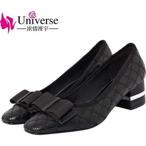Universe M011 New Arrivals 2021 Checkered Sawing Foil Cowhide Riband Butterfly-knot Squera Heels Women Ladies Dress Shoes Pumps