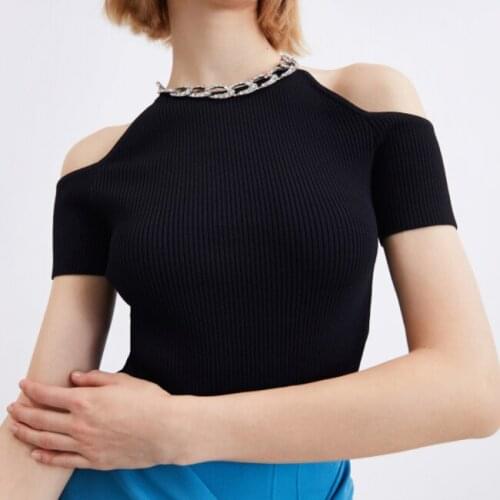 Womens 2021 summer tight fashion off-the-shoulder chain thin woolen T-shirt chinese fashion women fashion tops Regular