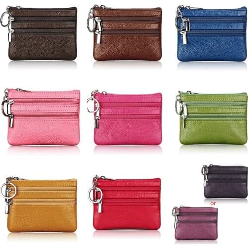Women Men Leather Coin Purse Card Wallet Clutch Double Zipper Small Change Bag