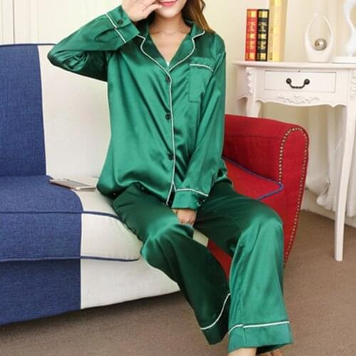 Womens Silk Satin Pajamas Set Long Sleeve Two-pieces Sleepwear Set V-neck Nightwear Loungewear Homewear For Summer
