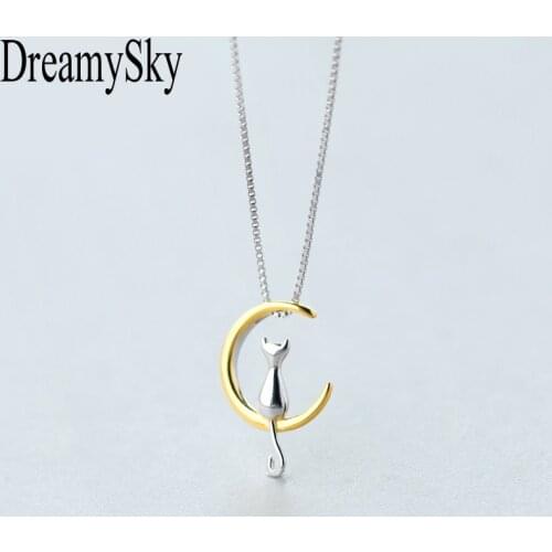 DreamySky 100% Real Silver Color Long Cat Moon Necklaces & Pendants For Women Boho Fashion Choker Necklaces
