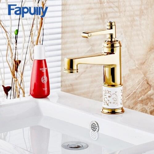 Fapully Golden Bathroom Faucet White Painted Flower Water Ceramic sBasin Faucet Hot and Cold Water Mixer Tap 610-11G