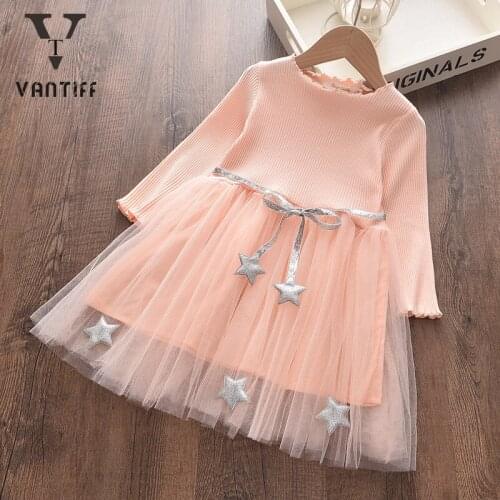 2021 Baby Girl Princess Dresses Long Sleeve Children Clothing Five-pointed Star Mesh Gauze Skirt Birthday Party Wedding Dress