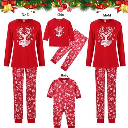 2021 Christmas Elk Father Mother Kids Clothes Top+Pants Red Family Matching Outfit Lattice Xmas Sleepwear Pjs Set Baby Romper