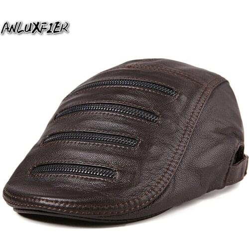 B-8803 Mens Genuine Leather Hat Adult Sheepskin Cap Male Youth Visors Hats Duck Cap Spring Autumn Visors Hats New Year Gift