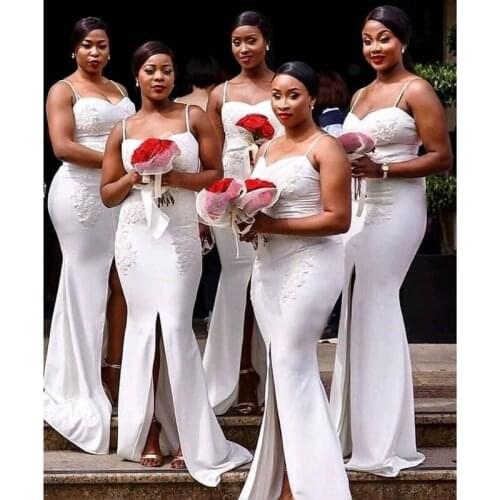 White Mermaid Bridesmaid Dresses 2021 Spaghetti Straps Corset Slit Long Wedding Party Dress African Prom Formal Gown vestidos