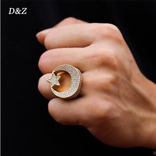D&Z New Star And Moon Rings In Gold High Quality CZ Copper Iced Cubic Zircon Stones Rings Hip Hop Fashion Jewelry Gift Women