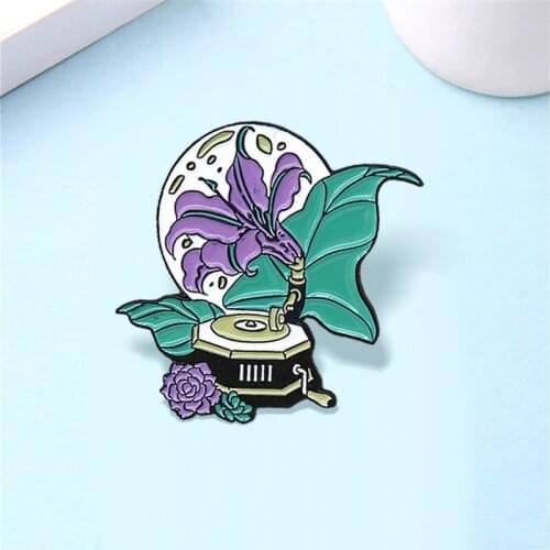 Planet Phonograph Enamel Pins White Planet Purple green Orchid Flower Music box Badge Custom Brooches Lapel Cute Jewelry Gift