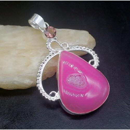 Gemstonefactory Jewelry Big Promotion 925 Silver Botswana Agate Druzy Amethyst Women Ladies Gifts Necklace Pendant 1131