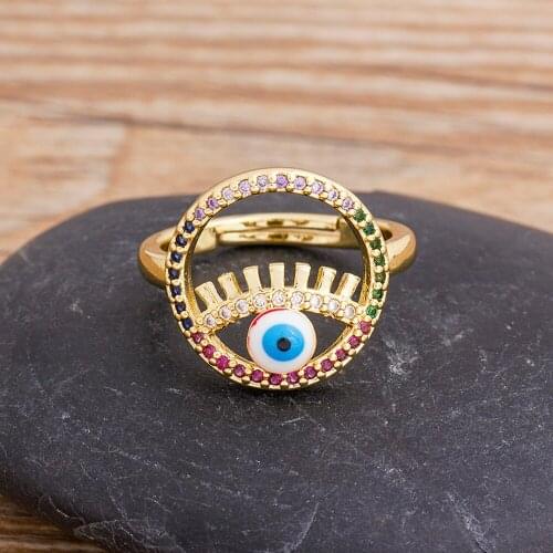 Bohemian Fashion Rainbow Cubic Zirconia Evil Eye Charm Opening Adjustable Rings For Women Boho Vintage Gold Finger Rings Jewelry