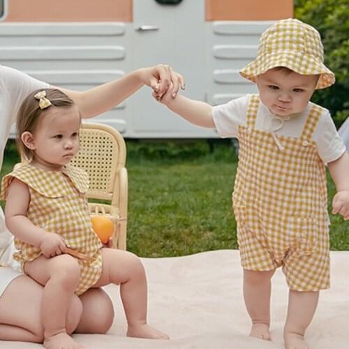 Summer New Baby Boys and Girls Plaid Romper Brother-sister Clothes