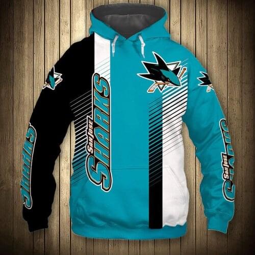 Black blue stitching striped fish print sweatshirt San Jose mens casual Sharks hoodie