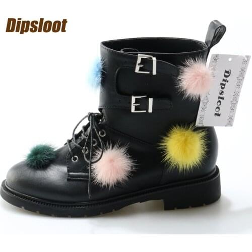 2017 Newest Mixed Colors Pom Pom Women Lace Up Ankle Boots Round Toe Ladies Low Heel Martin Boots High Quality Riding Boots