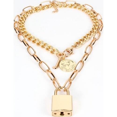 Duftgold New Exaggerated Punk Gold Coin Key Lock Pendant Necklaces Multi-layer Crude Chain Necklaces for Party Women Jewelry